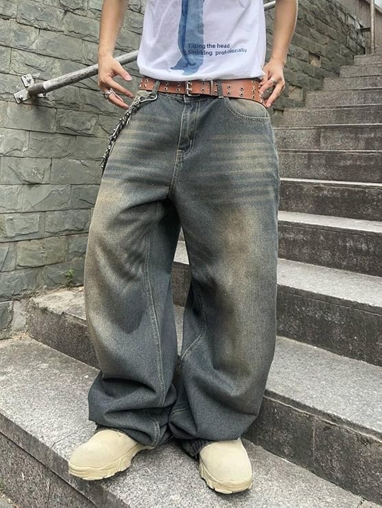 HUNGSON Mens Baggy Jeans for Men Women Y2k Skater Vintage Plain Pants Casual Wide Leg Jeans Loose Fit Denim Jeans