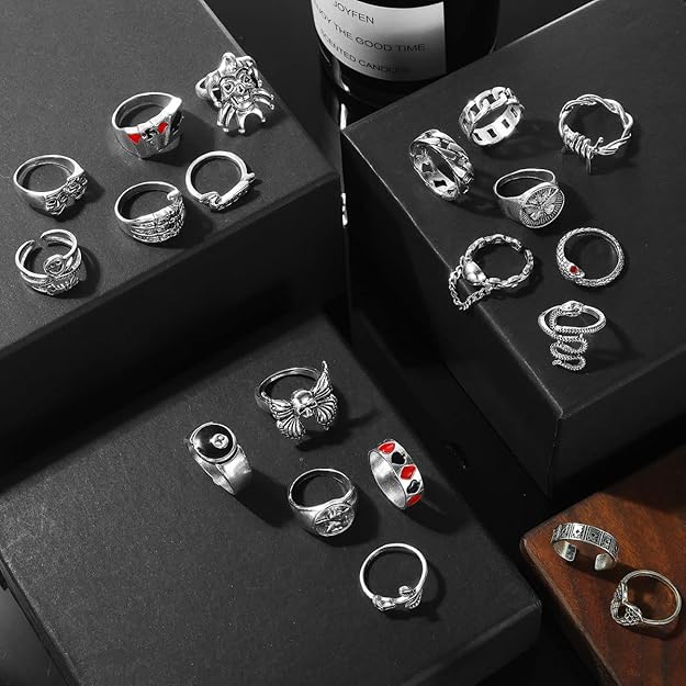 17IF 26-35 Pcs Vintage Silver Knuckle Rings Set for Women Men, Grunge Gothic Rings Chunky Aesthetic Snake Stackable Adjustable Punk Bulky Finger Alt Fairy Skull Frog Heart Star Flower Midi Ring Pack