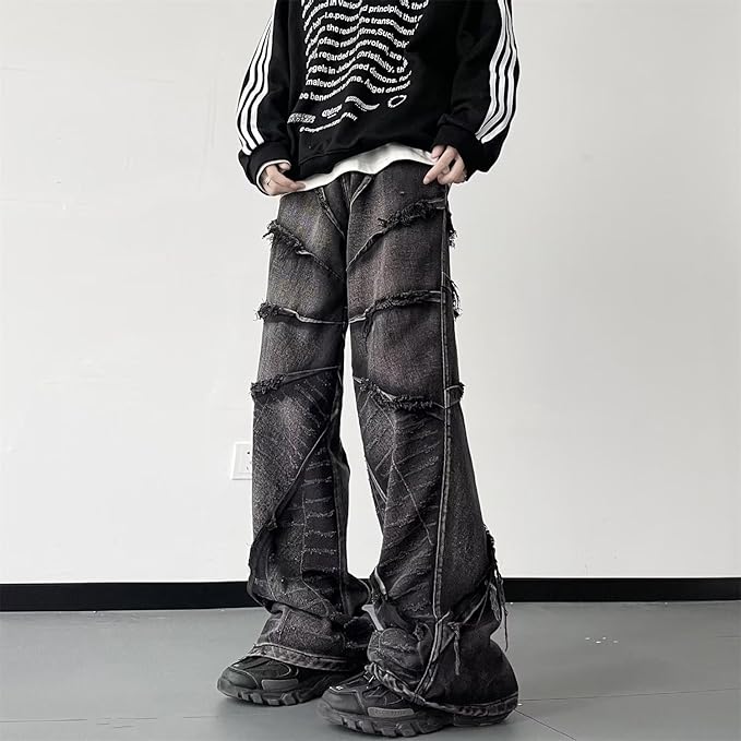 Men's Baggy Jeans Y2k Hip Hop Pants Stacked Jeans for Women Mid Rise Fashion Grunge Streetwear Clothes Black