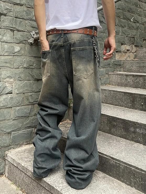 HUNGSON Mens Baggy Jeans for Men Women Y2k Skater Vintage Plain Pants Casual Wide Leg Jeans Loose Fit Denim Jeans