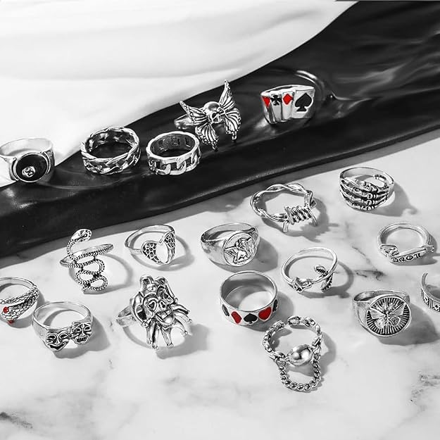 17IF 26-35 Pcs Vintage Silver Knuckle Rings Set for Women Men, Grunge Gothic Rings Chunky Aesthetic Snake Stackable Adjustable Punk Bulky Finger Alt Fairy Skull Frog Heart Star Flower Midi Ring Pack