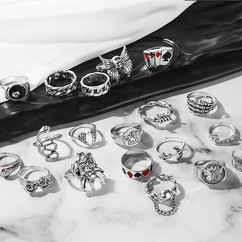 17IF 26-35 Pcs Vintage Silver Knuckle Rings Set for Women Men, Grunge Gothic Rings Chunky Aesthetic Snake Stackable Adjustable Punk Bulky Finger Alt Fairy Skull Frog Heart Star Flower Midi Ring Pack