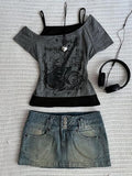 Emo Grunge Shirts Women 2000s Graphic Baby Tees Fake Two Piece Short Sleeve Vintage Y2k Crop Top Goth Alt Clothes