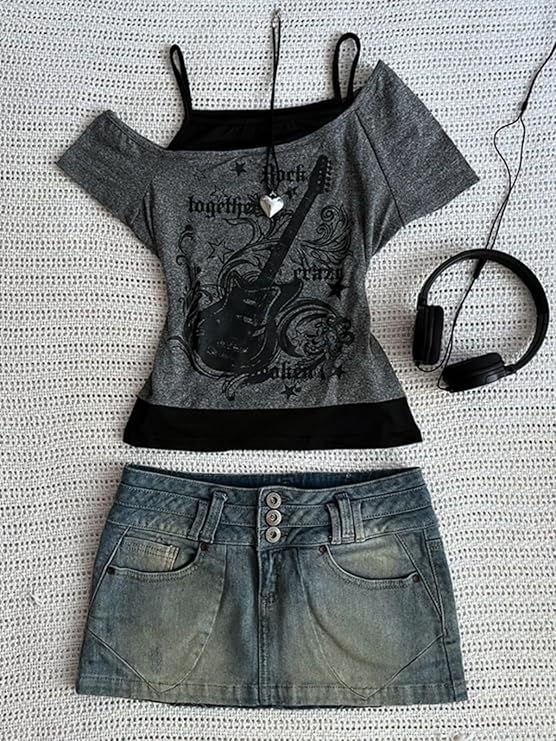 Emo Grunge Shirts Women 2000s Graphic Baby Tees Fake Two Piece Short Sleeve Vintage Y2k Crop Top Goth Alt Clothes