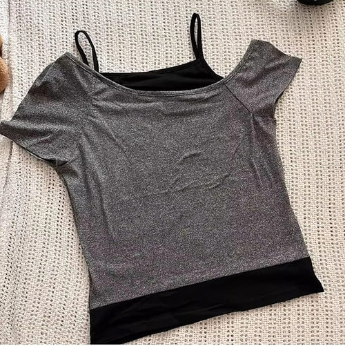 Emo Grunge Shirts Women 2000s Graphic Baby Tees Fake Two Piece Short Sleeve Vintage Y2k Crop Top Goth Alt Clothes